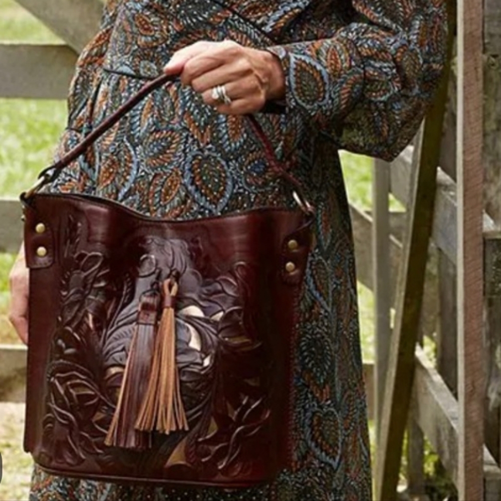 Patricia Nash Brown Embossed Leather Bucket Bag